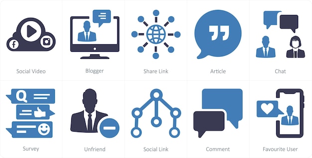Un conjunto de 10 iconos sociales como perfil de usuario de redes sociales video social