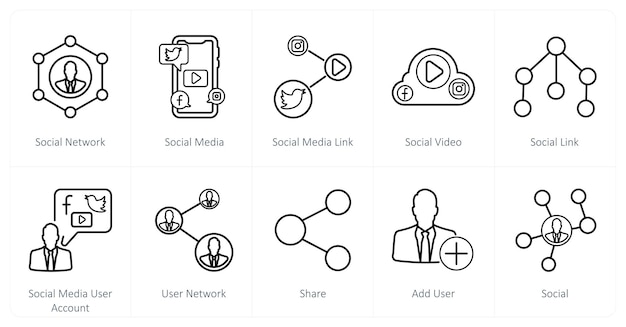 Un conjunto de 10 iconos sociales como red social, medios sociales y enlace de medios sociales