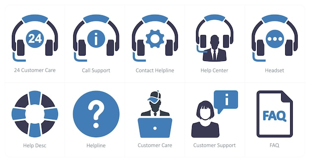 Un conjunto de 10 iconos de soporte al cliente como 24 llamadas de atención al cliente a la línea de apoyo de contacto