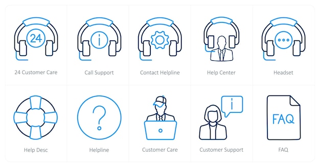 Un conjunto de 10 iconos de soporte al cliente como 24 llamadas de atención al cliente a la línea de apoyo de contacto