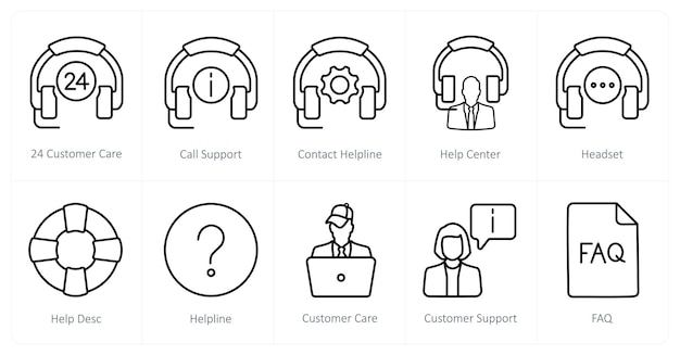 Un conjunto de 10 iconos de soporte al cliente como 24 llamadas de atención al cliente a la línea de apoyo de contacto