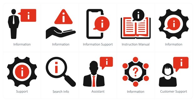 Un conjunto de 10 iconos de soporte al cliente como manual de instrucciones de soporte de información de información