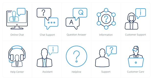 Un conjunto de 10 iconos de soporte al cliente como respuesta a preguntas de soporte de chat en línea