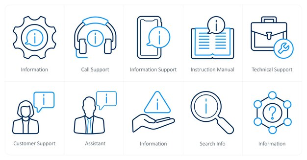 Un conjunto de 10 iconos de soporte al cliente como soporte de información de llamada de información