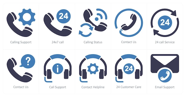 Un conjunto de 10 iconos de soporte al cliente como soporte de llamadas 24x7 estado de llamadas de llamadas
