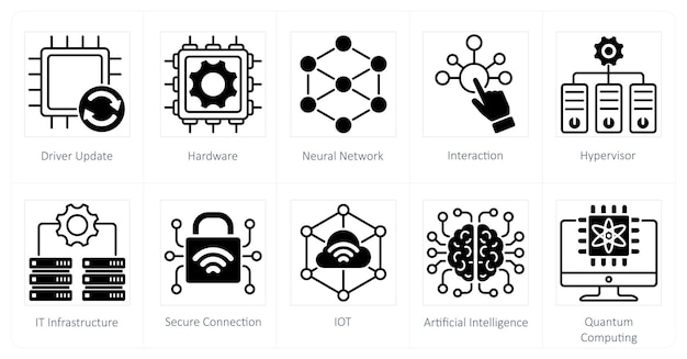 Un conjunto de 10 iconos de tecnología como actualización de hardware de la red neuronal del controlador