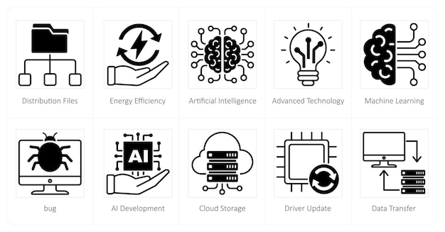 Un conjunto de 10 iconos tecnológicos como archivos de distribución de eficiencia energética