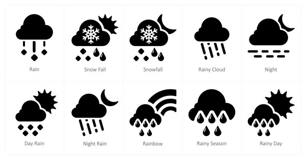 Un conjunto de 10 iconos del tiempo como lluvia nieve lluviosa nube