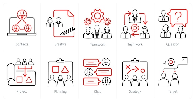 Un conjunto de 10 iconos de trabajo en equipo como contactos de trabajo creativo en equipo