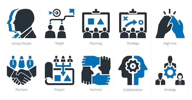 Un conjunto de 10 iconos de trabajo en equipo como objetivo de planificación del grupo de personas