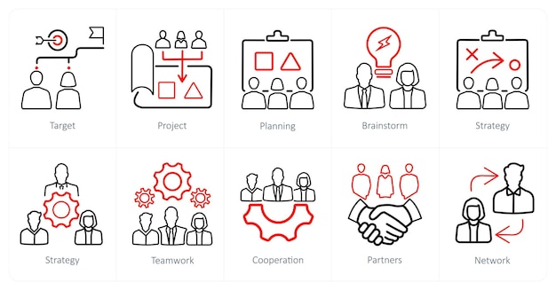 Un conjunto de 10 iconos de trabajo en equipo como objetivo de tormenta de ideas para la planificación del proyecto