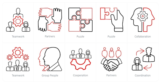 Un conjunto de 10 íconos de trabajo en equipo como rompecabezas de socios de trabajo en grupo