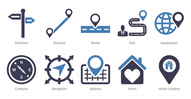 Un conjunto de 10 iconos de ubicación como ruta de distancia de dirección