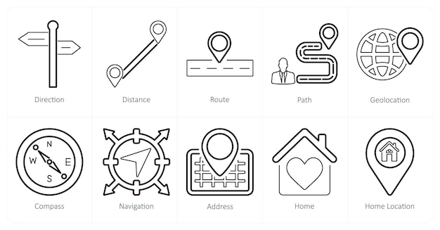 Un conjunto de 10 iconos de ubicación como ruta de distancia de dirección