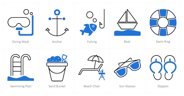 Un conjunto de 10 íconos de verano y vacaciones como pesca de ancla de máscara de buceo