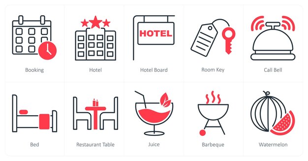 Un conjunto de 10 íconos de verano y vacaciones como tablero de reserva de hoteles