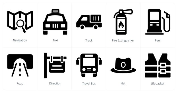 Un conjunto de 10 íconos de viajes y vacaciones como camión de taxi de navegación