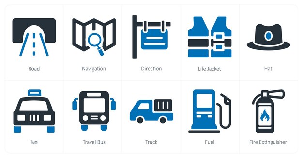 Un conjunto de 10 iconos de viajes y vacaciones como dirección de navegación por carretera