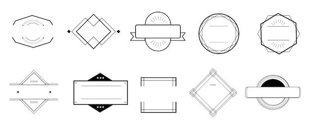 Conjunto de 10 plantillas de insignias geométricas en blanco y negro Incluye formas circulares rectangulares y de diamante Ideales para logotipos, etiquetas y diseños Conjunto vectorial de elementos de marco de insignia