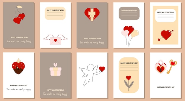 Conjunto de 10 postales creativas de diseño de amor. juego de carteles del día de san valentín. ilustración vectorial.