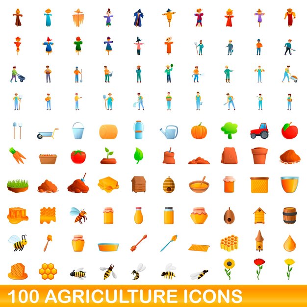 Conjunto de 100 iconos de agricultura. Ilustración de dibujos animados de 100 iconos de agricultura conjunto aislado sobre fondo blanco