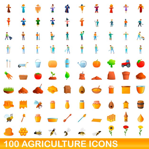 Conjunto de 100 iconos de agricultura. ilustración de dibujos animados de 100 iconos de agricultura conjunto aislado sobre fondo blanco