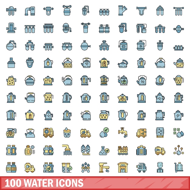 Conjunto de 100 iconos de agua Conjunto de líneas de color de iconos vectoriales de agua Color de línea delgada plana en blanco