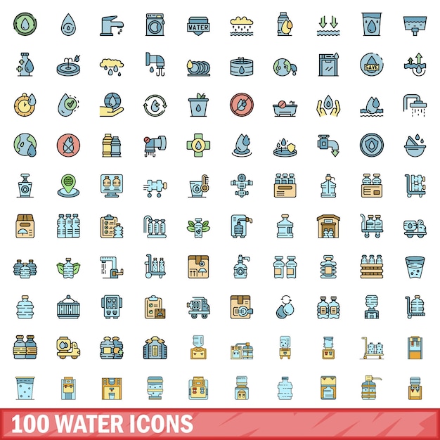 Conjunto de 100 iconos de agua Conjunto de líneas de color de iconos vectoriales de agua Color de línea delgada plana en blanco