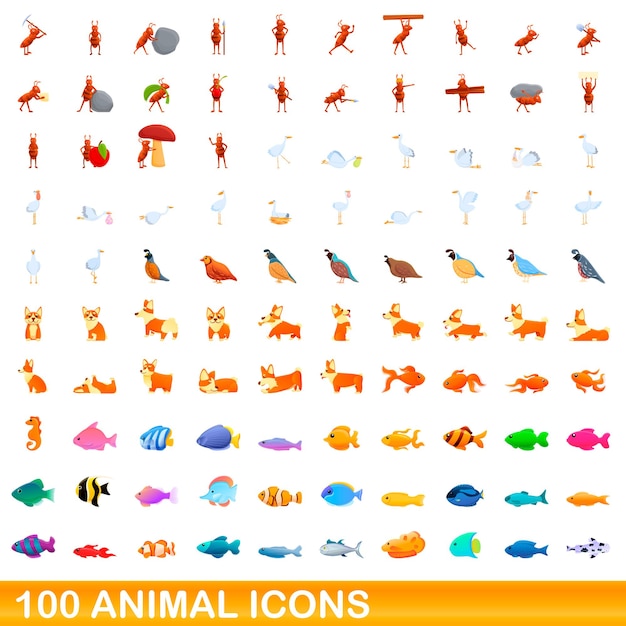 Conjunto de 100 iconos de animales. Ilustración de dibujos animados de 100 iconos de animales conjunto aislado sobre fondo blanco