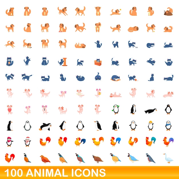 Conjunto de 100 iconos de animales. ilustración de dibujos animados de 100 iconos de animales conjunto aislado