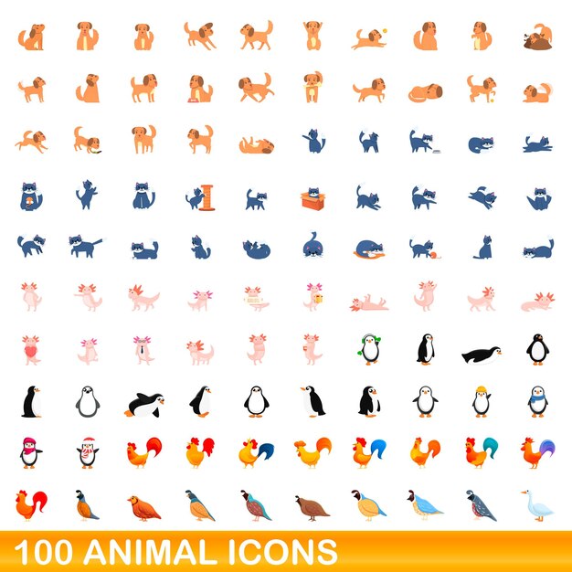 Conjunto de 100 iconos de animales. Ilustración de dibujos animados de 100 iconos de animales conjunto aislado