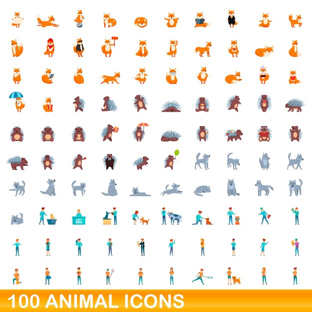 Conjunto de 100 iconos de animales. Ilustración de dibujos animados de 100 iconos de animales conjunto de vectores aislado sobre fondo blanco