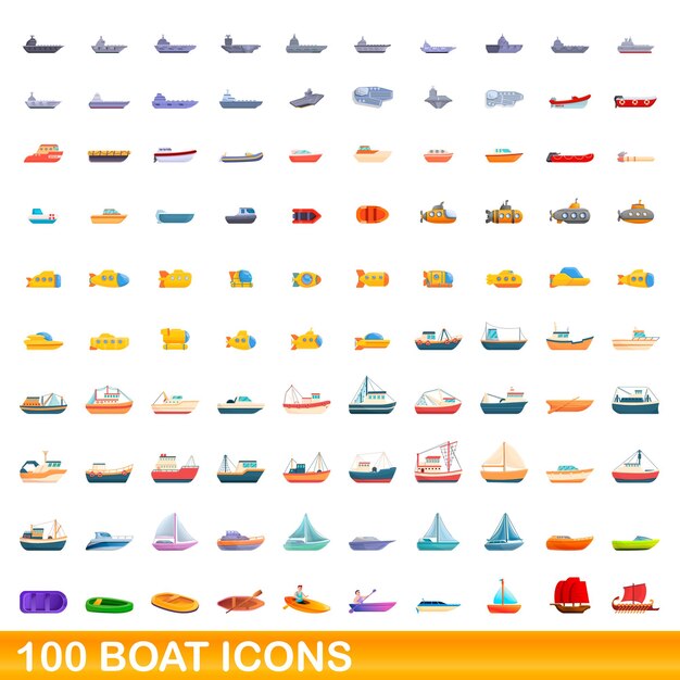 Conjunto de 100 iconos de barco. Ilustración de dibujos animados de 100 iconos de barco conjunto aislado
