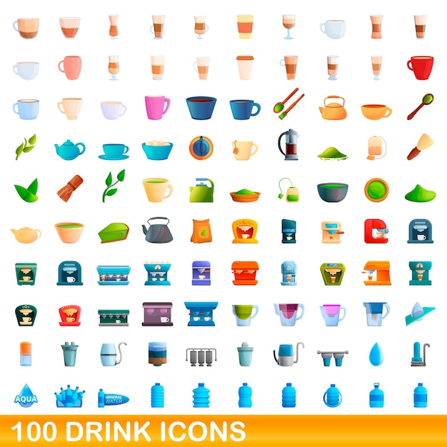 Conjunto de 100 iconos de bebida. Ilustración de dibujos animados de 100 iconos de bebidas conjunto aislado