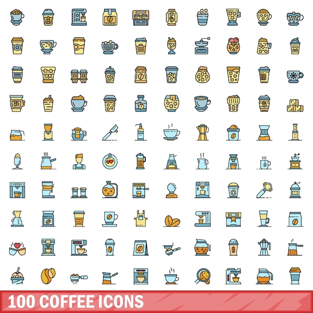 Conjunto de 100 iconos de café Conjunto de líneas de color de iconos de vector de café color de línea delgada plana sobre blanco