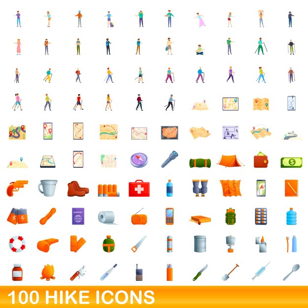 Conjunto de 100 iconos de caminata. Ilustración de dibujos animados de 100 iconos de caminata conjunto de vectores aislado sobre fondo blanco