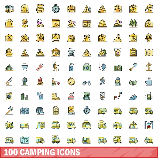 Conjunto de 100 iconos de campamento Conjunto de líneas de color de iconos vectoriales de campamento Color de línea delgada plana en blanco