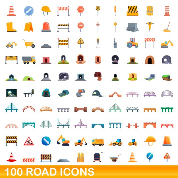 Conjunto de 100 iconos de carretera. Ilustración de dibujos animados de 100 iconos de carretera conjunto aislado