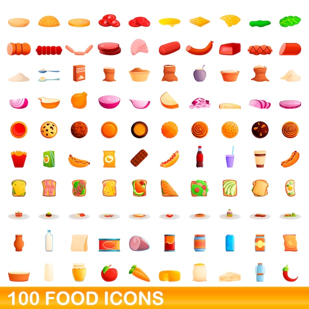 Conjunto de 100 iconos de comida, estilo de dibujos animados