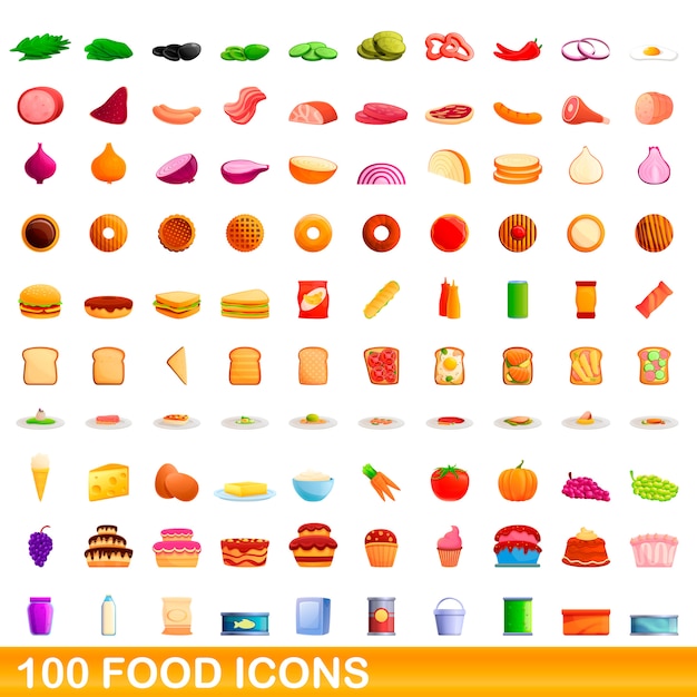 Conjunto de 100 iconos de comida, estilo de dibujos animados