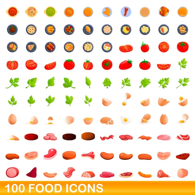 Conjunto de 100 iconos de comida. Ilustración de dibujos animados de 100 iconos de alimentos conjunto aislado sobre fondo blanco.