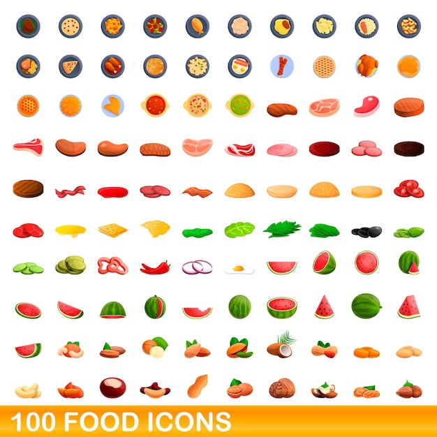 Conjunto de 100 iconos de comida. Ilustración de dibujos animados de 100 iconos de alimentos conjunto aislado sobre fondo blanco.