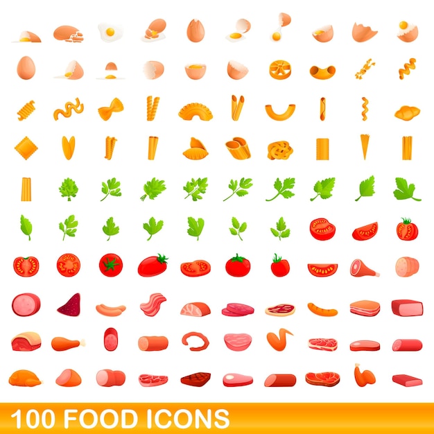 Conjunto de 100 iconos de comida. Ilustración de dibujos animados de 100 iconos de alimentos conjunto de vectores aislado sobre fondo blanco