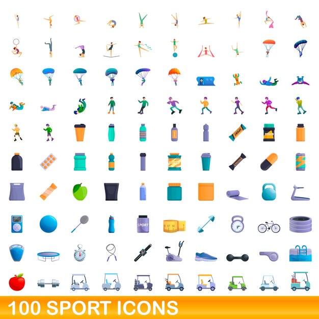 Conjunto de 100 iconos deportivos. ilustración de dibujos animados de 100 iconos de deporte conjunto aislado sobre fondo blanco