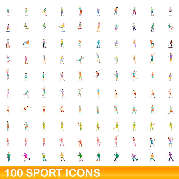 Conjunto de 100 iconos deportivos. Ilustración de dibujos animados de 100 iconos deportivos conjunto aislado