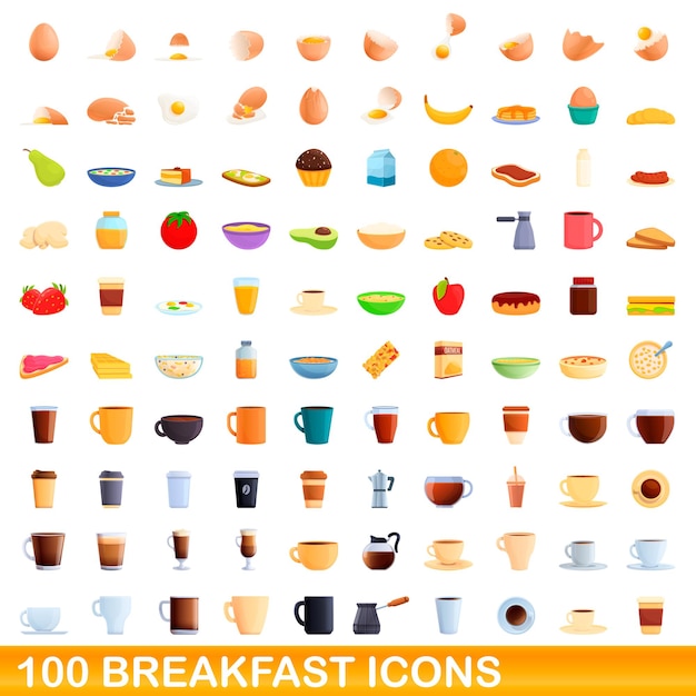 Conjunto de 100 iconos de desayuno. Ilustración de dibujos animados de 100 iconos de desayuno conjunto aislado sobre fondo blanco.