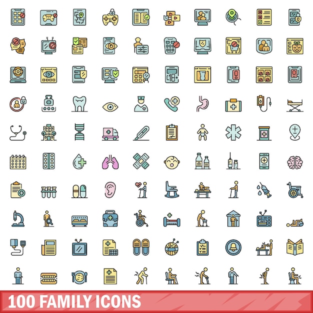 Conjunto de 100 iconos familiares Conjunto de líneas de color de iconos vectoriales familiares de línea delgada de color plano en blanco