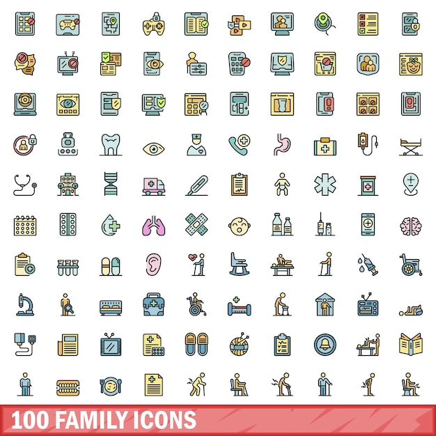 Conjunto de 100 iconos familiares conjunto de líneas de color de iconos vectoriales familiares de línea delgada de color plano en blanco