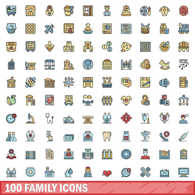 Conjunto de 100 iconos familiares Conjunto de líneas de color de iconos vectoriales familiares de línea delgada de color plano en blanco