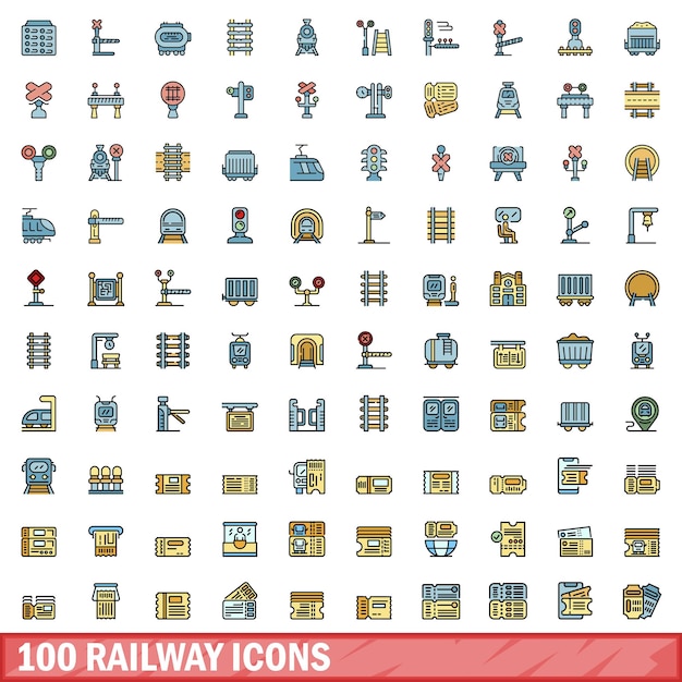 Conjunto de 100 iconos de ferrocarril Conjunto en línea de colores de iconos vectoriales de ferrocarril Color de línea delgada plano en blanco